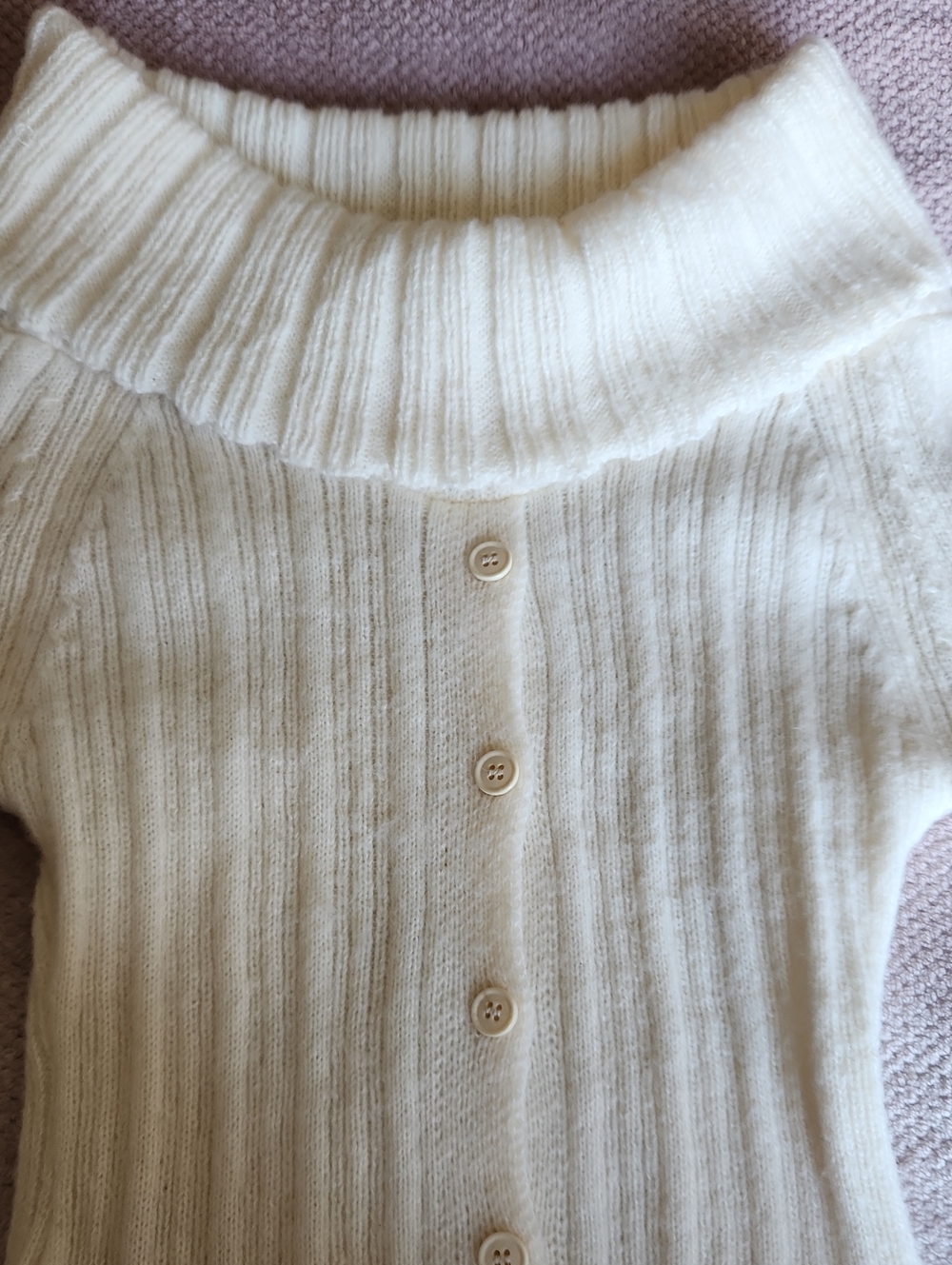 Off-the-Shoulder Cream Ribbed Button Sweater - Picture 2 of 10